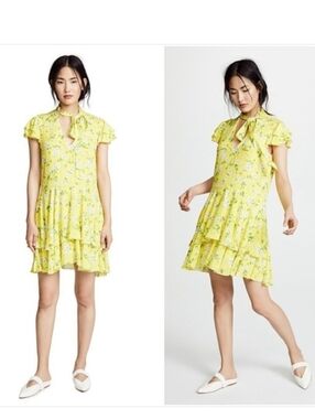 Alice + Olivia A-Line Dress Yellow Floral Print Ruffle Sz 8 Nwot